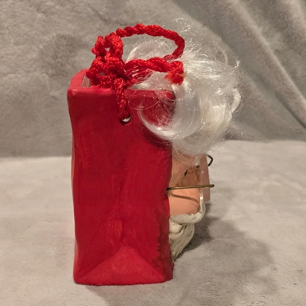 Vtg. Santa Claus Face Ceramic Gift‎ Bag With Handle Rectangle Glasses 1997